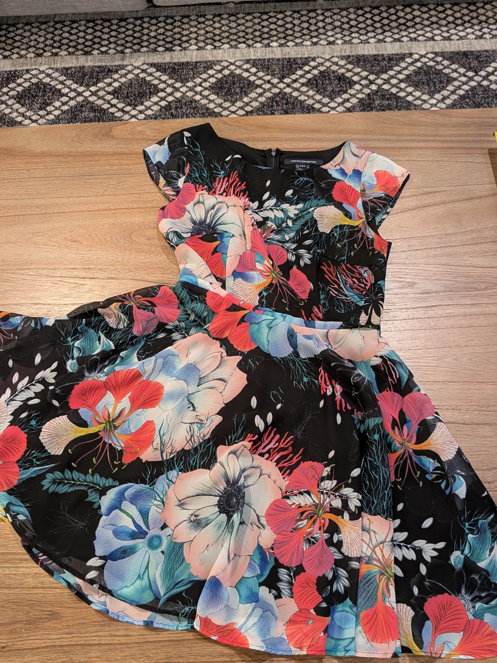 French Connection Black Floral Fit & Flare Dress with Red, Blue, Pink Accents